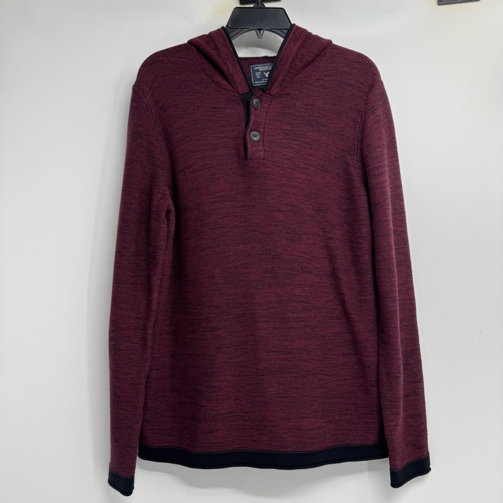 NWT American Eagle Henley Hoodie Mens M Heathered Maroon Knit Pullover Sweater